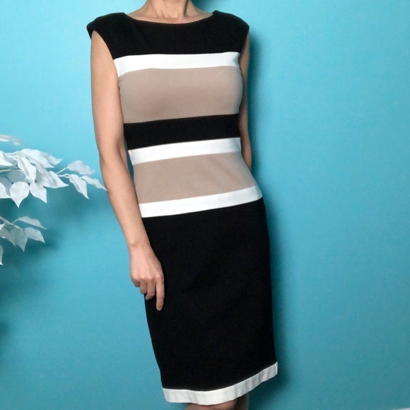 White House Black Market Dresses & Skirts - White House Black Market Sleeveless White & Tan Striped Stretch Sheath Dress